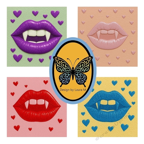 Embossed Lips with Fangs Paper Kit – 4 Colorful Designs with Hearts for Fun Gothic & Pop Art Crafts