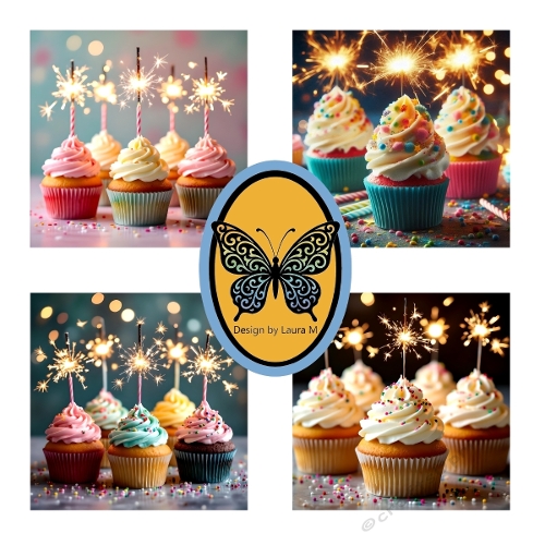 Festive Cupcake Watercolor Clipart Kit – 4 Colorful Dessert Illustrations, 1200x1200 JPEG