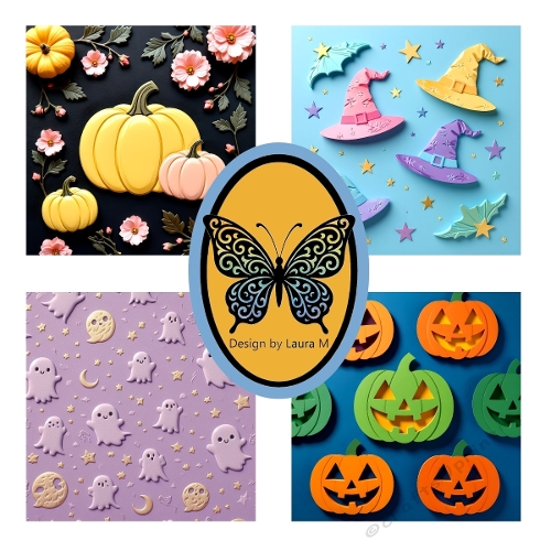 Halloween Embossed Paper Kit – Pumpkins, Ghosts, Bats & Witches Hats on Colorful Spooky Backgrounds