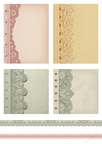 A4 Printable Kit – 4 Lace-Edged Floral Notebook Pages with Ribbons, Shabby Chic Vintage Style