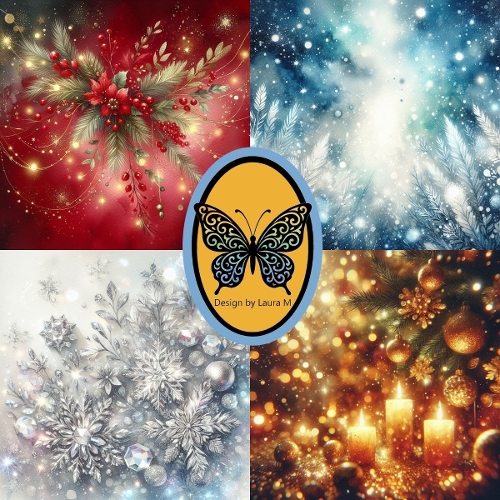 Christmas Watercolor Clipart Kit – 4 Festive Holiday Illustrations of Holly, Snowflakes, Butterfly & Candles, 1024x1024 JPEG