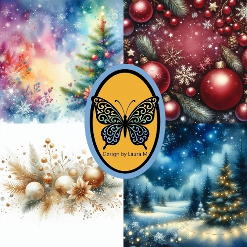 Winter Wonderland Watercolor Clipart Kit – 4 Festive Holiday Scenes of Snowy Forest, Christmas Tree & Winter Landscape, 1024x1024 JPEG