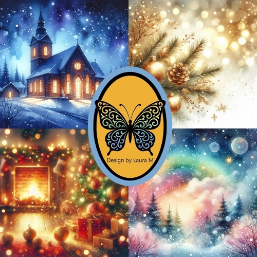 Golden Winter Watercolor Clipart Kit – 4 Festive Holiday Scenes of Church, Fireplace, Christmas Tree & Sparkly Forest, 1024x1024 JPEG