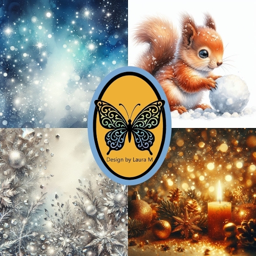 Starry Winter Watercolor Clipart Kit – 4 Festive Holiday Illustrations of Squirrel, Snowflakes, Candles & Night Sky, 1024x1024 JPEG