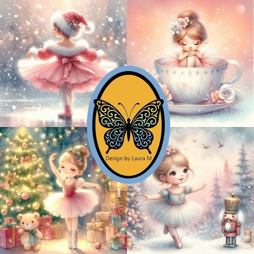 Whimsical Ballerina Watercolor Clipart Kit – 4 Adorable Ballet & Christmas Illustrations, 1024x1024 JPEG