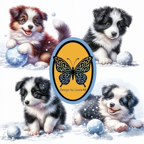 Winter Australian Shepherd Puppies Watercolor Clipart Kit – 4 Adorable Snowy Dog Illustrations, 1024x1024 JPEG