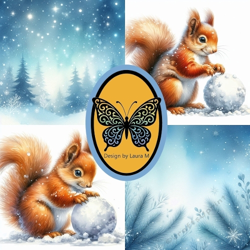 Winter Red Squirrel Watercolor Clipart Kit – 4 Snowy Forest Illustrations with Pine Trees, 1024x1024 JPEG