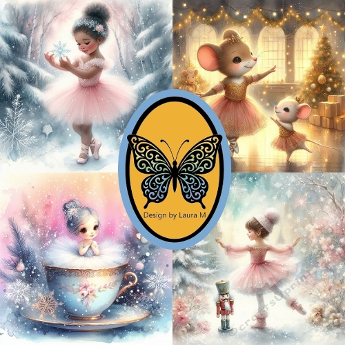 Whimsical Fairy-Tale Watercolor Clipart Kit – 4 Ballet & Holiday Illustrations, 1024x1024 JPEG