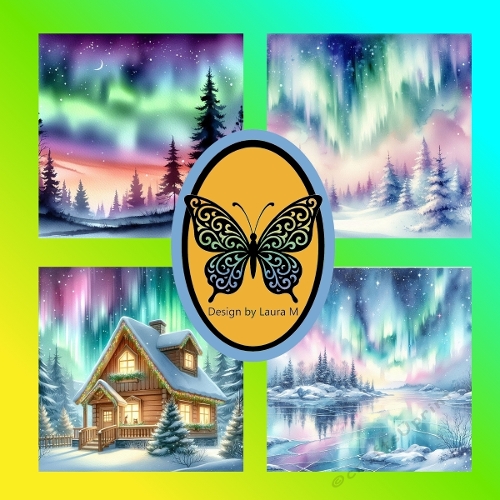 Aurora Borealis Watercolor Clipart Kit – 4 Vibrant Northern Lights Scenes with Snowy Landscapes & Cabin, 1024x1024 JPEG