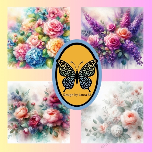 Pastel Floral Watercolor Clipart Kit – 4 Vibrant Hand-Painted Flower Illustrations, 1024x1024 JPEG