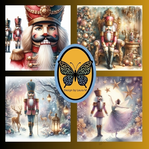 Whimsical Christmas Watercolor Collage – 4 Festive Scenes with Nutcracker King, Ballet, Tree & Snowy Forest, 1024x1024 JPEG