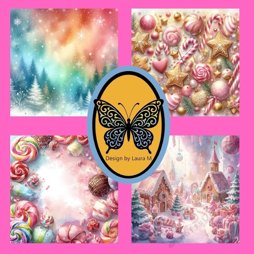 Whimsical Candyland Christmas Watercolor Collage – 4 Fantasy Scenes with Gingerbread Village & Snowy Forest, 1024x1024 JPEG