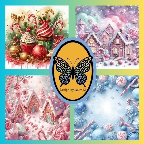 Whimsical Winter Candy Village Watercolor Collage – 4 Festive Snowy Scenes by Laura L., 1024x1024 JPEG