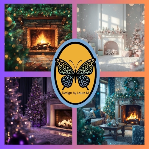 Cozy Christmas Interior Watercolor Collage – 4 Festive Fireplace & Tree Scenes, 1024x1024 JPEG