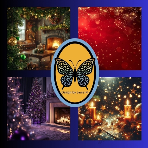 Festive Christmas Watercolor Collage – 4 Cozy Holiday Scenes with Fireplace, Tree & Starry Night, 1024x1024 JPEG