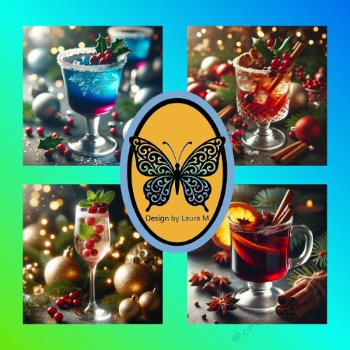 Festive Holiday Cocktail Watercolor Clipart Kit – 4 Colorful Drinks with Holly, Cranberries & Citrus, 1024x1024 JPEG