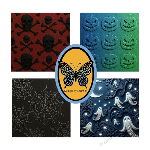 Halloween Embossed Paper Clipart Kit – 4 Spooky Designs with Skulls, Spider Web & Ghost, 1024x1024 JPEG