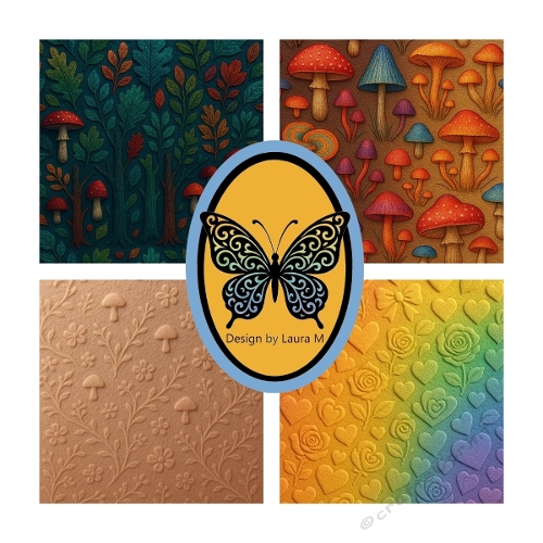 Embossed Paper Watercolor Clipart Kit – Colorful Mushrooms & Hearts Gradient, 1024x1024 JPEG