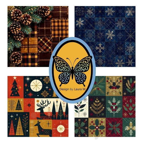 Christmas Fabric Swatches Set – Pinecones, Butterflies, Snowflakes & Reindeer