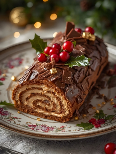 Elegant Christmas Yule Log Cake with Holly and Berries – Festive Chocolate Dessert Photography