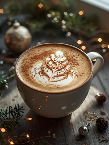 Cozy Christmas Latte with Cinnamon Art and Festive Decorations – Warm Holiday Coffee Photography