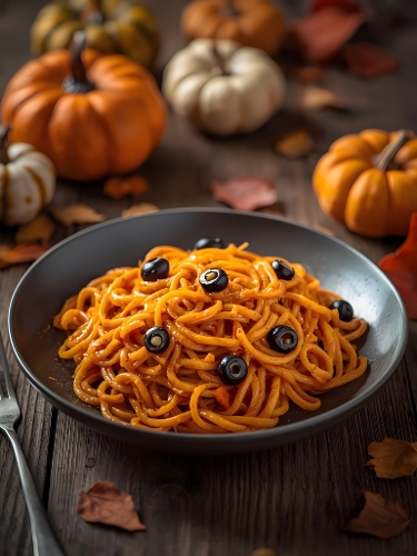 Autumn Pumpkin Pasta with Black Olives – Cozy Fall Food Photography with Rustic Decor