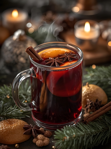 Warm Mulled Wine with Orange, Cinnamon, and Star Anise – Festive Christmas Drink Photography