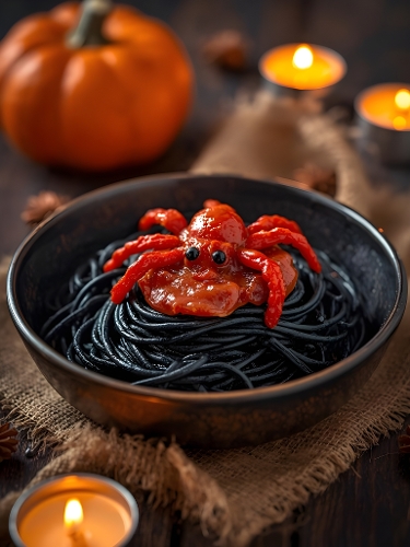 Spooky Halloween Black Spaghetti with Crawfish Tomato Sauce – Dark Festive Food Photography