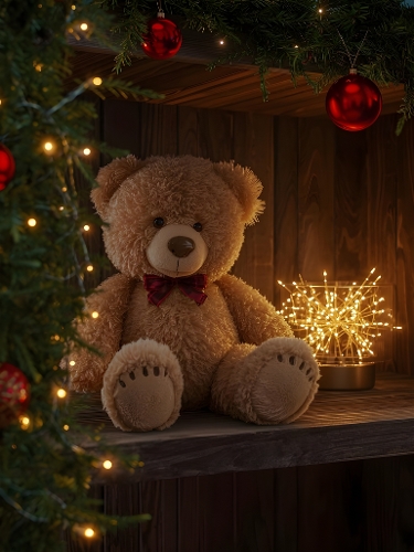 Cozy Christmas Teddy Bear with Red Bow and Twinkling Lights – Festive Holiday Decoration Photography