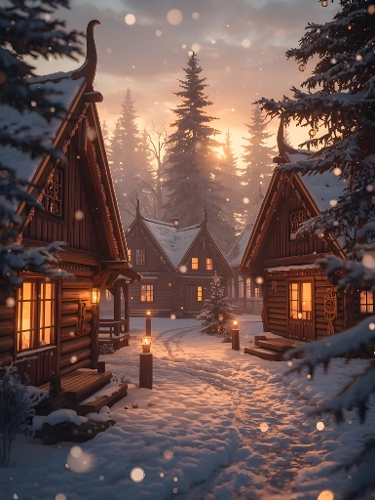 Peaceful Winter Village at Dusk with Snowy Cabins and Pine Trees – Cozy Christmas Landscape Photography