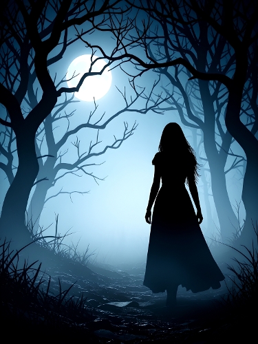 Moonlit Forest with Lone Girl – Dark Atmospheric Digital Artwork