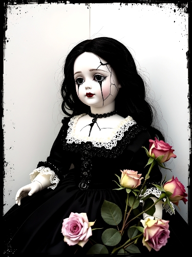 Creepy Porcelain Doll with Black Dress and Stitched Eyes – Dark Gothic Photography with Roses