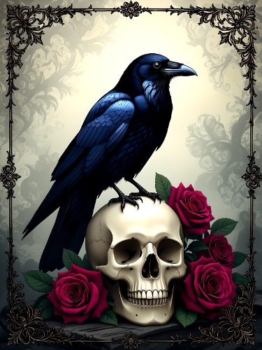 Blue and black Crow on Skull with Red Roses – Gothic Digital Artwork with Ornate Border