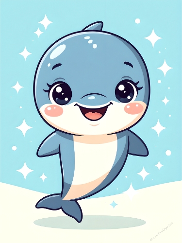 Cute Cartoon Blue Dolphin with Sparkles – Whimsical Digital Illustration