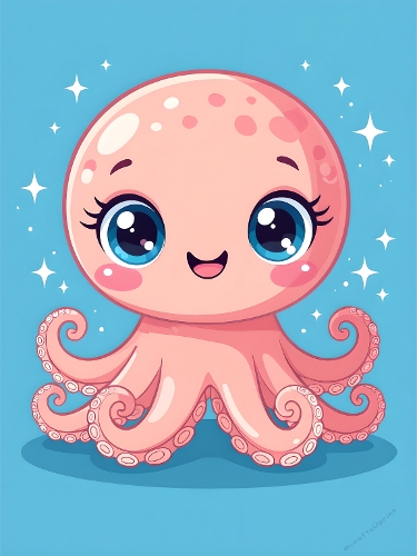 Cute Cartoon Pink Octopus with Sparkling Stars – Whimsical Digital Illustration