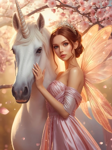 Fairy with White Unicorn Among Cherry Blossoms – Magical Fantasy Digital Artwork