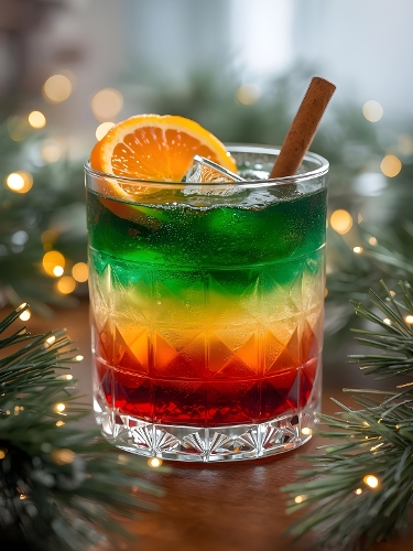Christmas Layered Cocktail – Festive Red, Yellow & Green Drink with Orange Slice & Cinnamon Stick