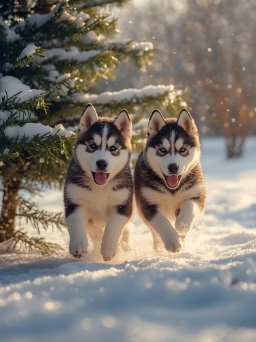 Adorable Husky Puppies in Snow – Playful Winter Scene with Blue-Eyed Dogs & Evergreen Background