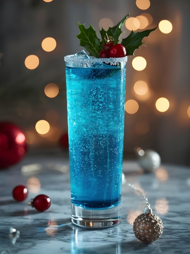 Festive Blue Christmas Cocktail – Sparkling Drink with Holly Leaves, Red Berries & Sugar Rim