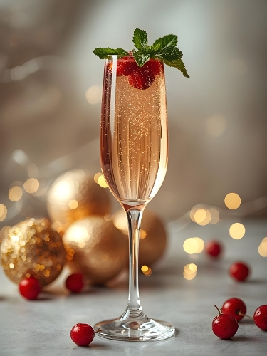 Pink Christmas Champagne Cocktail – Festive Drink with Mint Leaves, Red Berries & Golden Holiday Lights