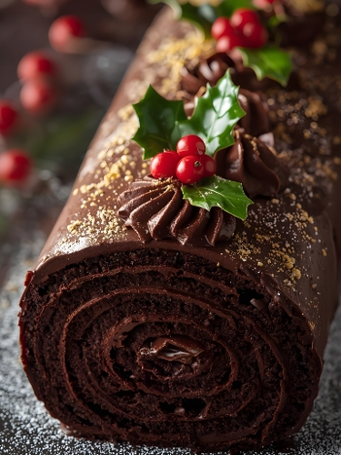 Chocolate Yule Log Cake – Festive Holiday Dessert with Ganache, Holly Leaves & Red Berries