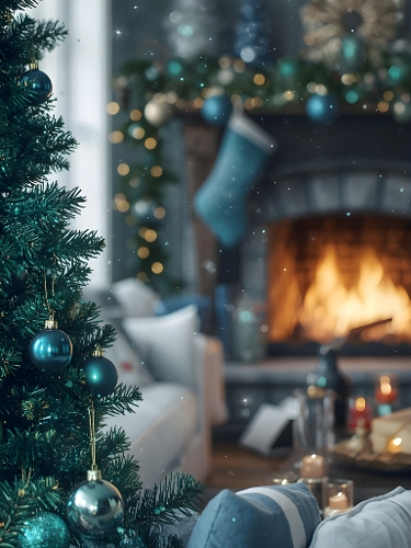 Cozy Christmas Living Room – Fireplace, Decorated Tree, Stockings & Candles in Festive Scene
