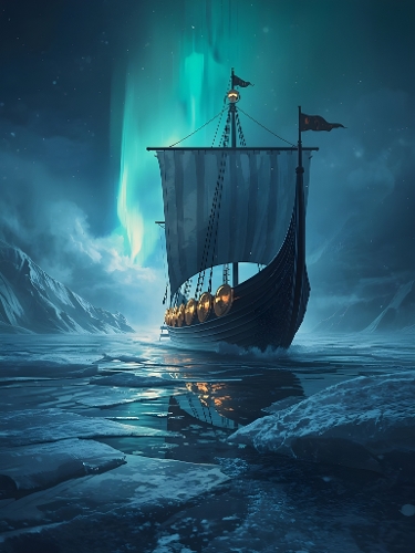 Viking Longship Digital Painting – Sailing Through Icy Waters Under Northern Lights