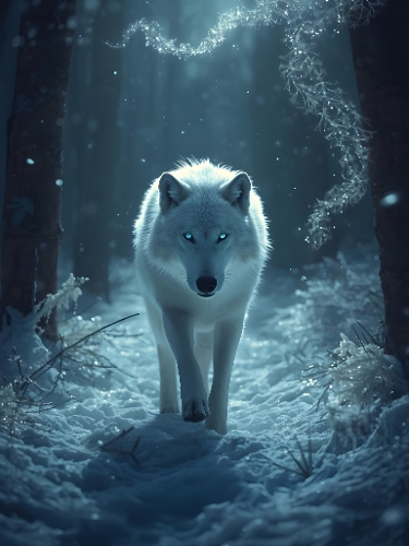 White Wolf in Snowy Forest – Majestic Blue-Eyed Wolf under Moonlight
