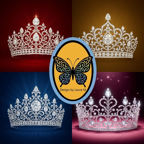Ornate Tiara Kit – 4 Sparkling Gemstone Crowns on Red, Blue, Gold & Maroon Backgrounds (500x500px JPEG)