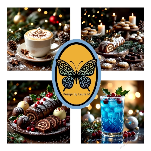 Festive Holiday Food Kit – 4 Delicious Seasonal Treats: Hot Chocolate, Yule Log, Blue Cocktail & Chocolate Rolls (500x500px JPEG)