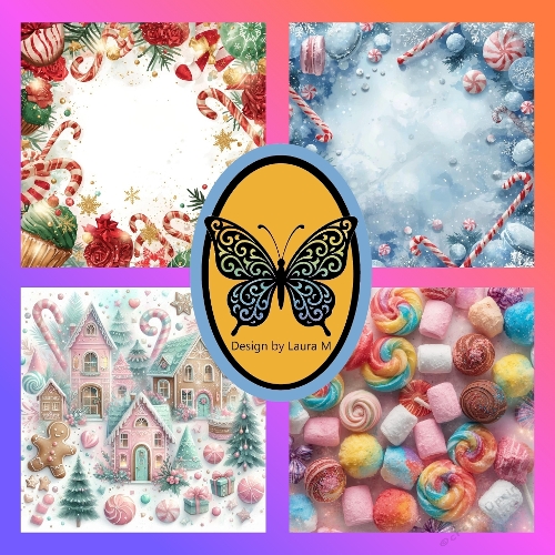 Festive Candy Illustration Kit – 4 Whimsical Holiday Scenes: Candy Canes, Gingerbread Houses & Sweet Treats (500x500px JPEG)