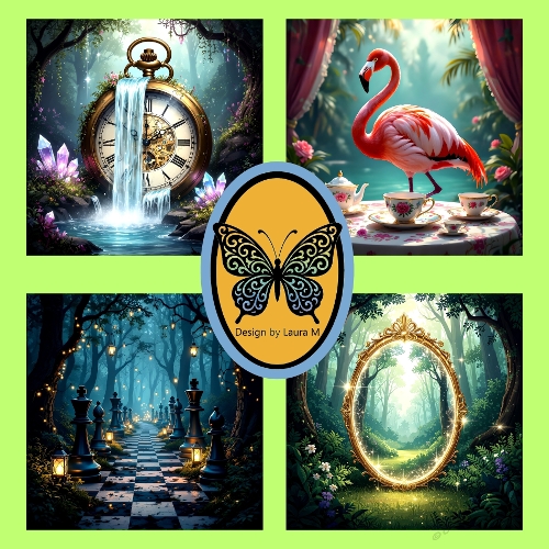 Whimsical Fantasy Forest Kit – Waterfall Clock, Flamingo Tea Set, Checkered Path & Glowing Mirror