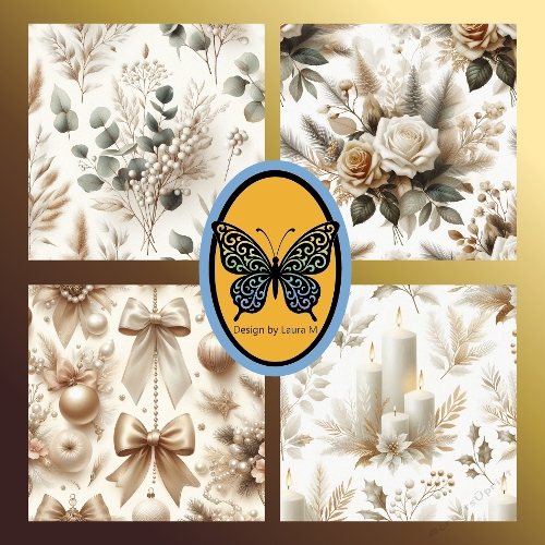 Ornate Floral Pattern Kit – Gold & Beige Monochrome Designs with Bows, Candles & Berries