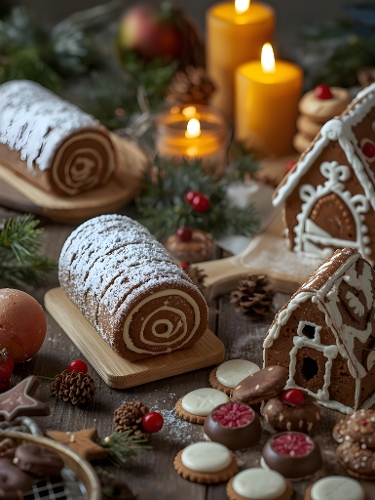 Festive Christmas Still Life with Swiss Rolls, Gingerbread Houses & Holiday Cookies